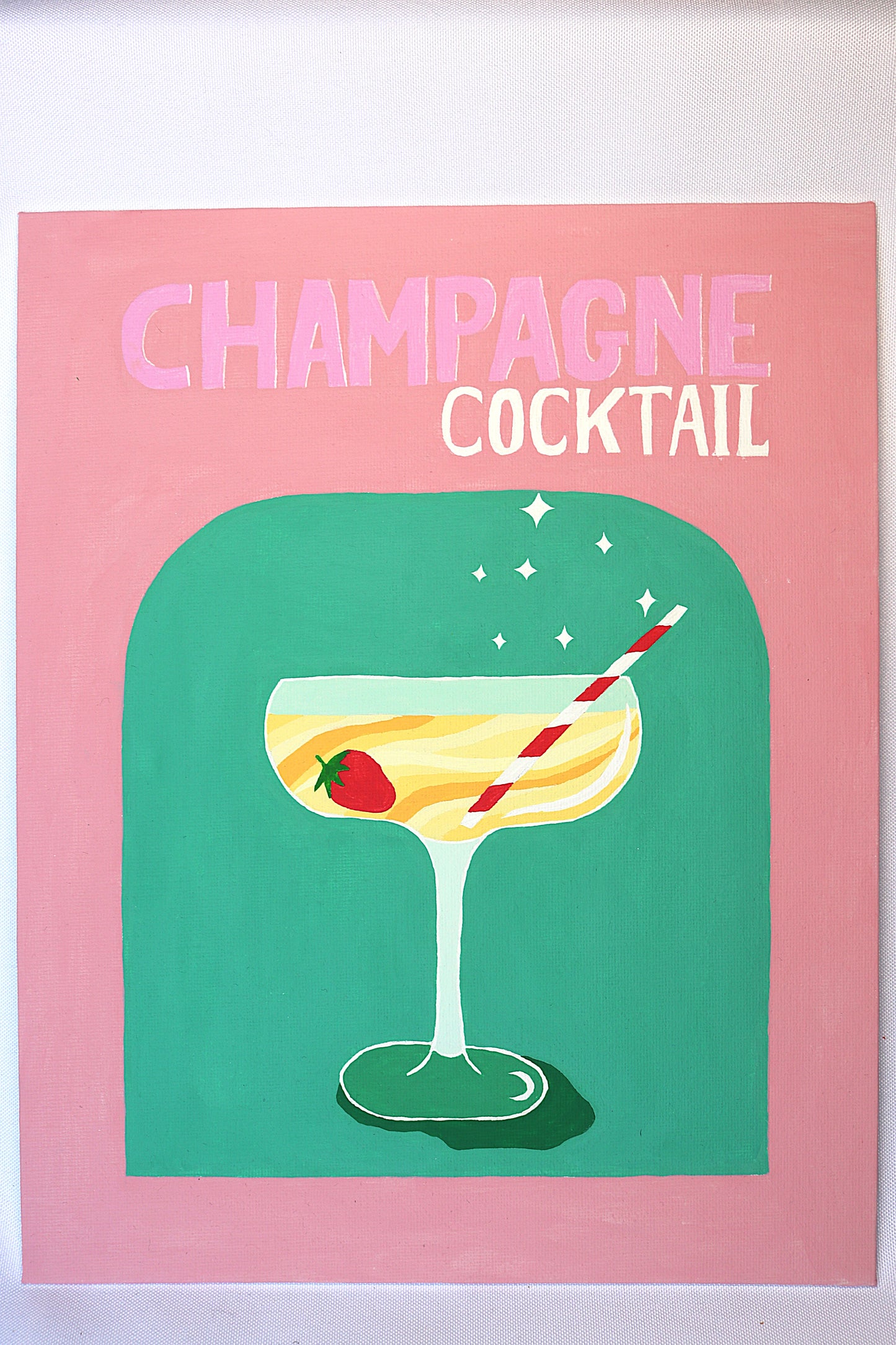 Cadre peinture de l'apéro champagne cocktail de couleur rose et vert fait main
