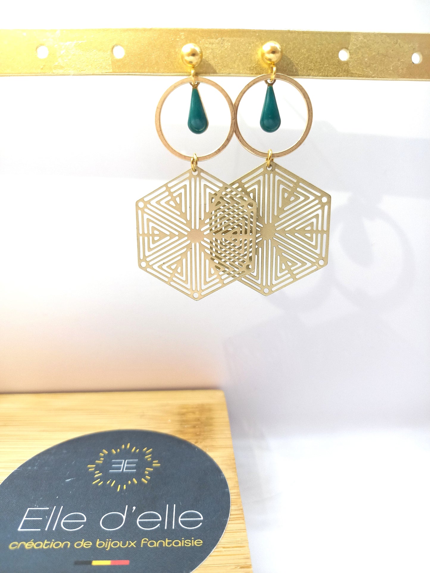 Boucle d'oreille - hexagone vert