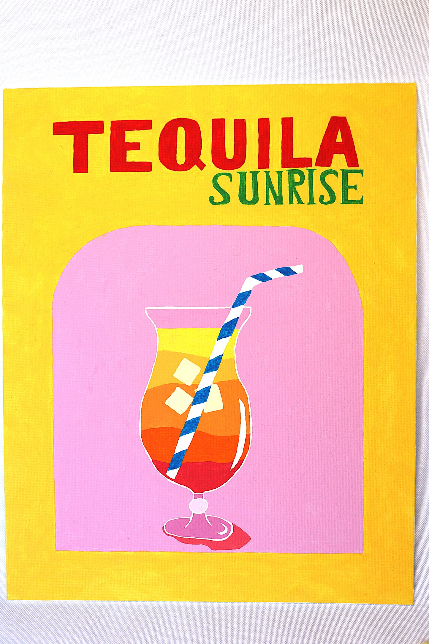 Cadre peinture de l'apéro tequilla sunrise de couleur rose et jaune fait main
