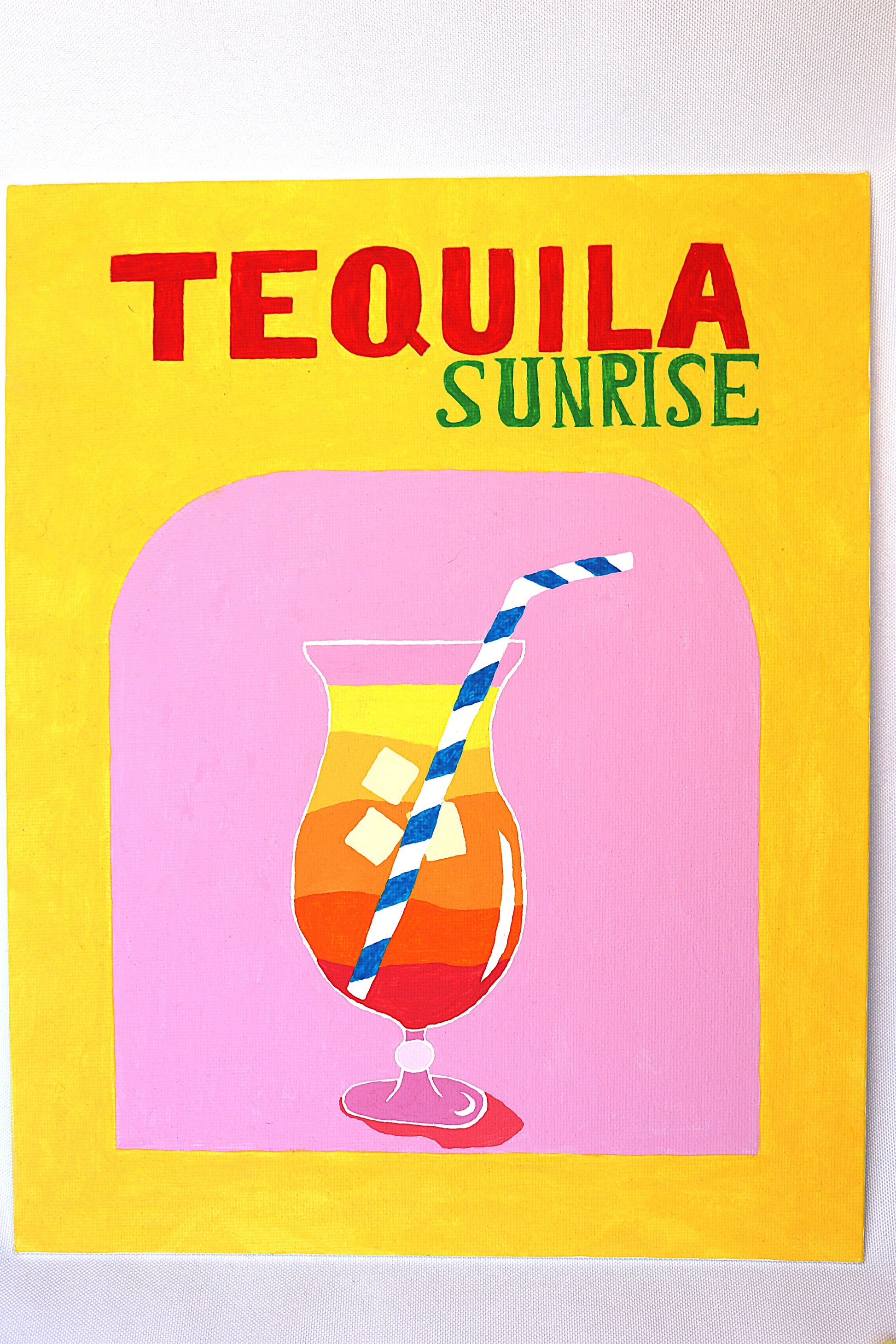 Cadre peinture de l'apéro tequilla sunrise de couleur rose et jaune fait main