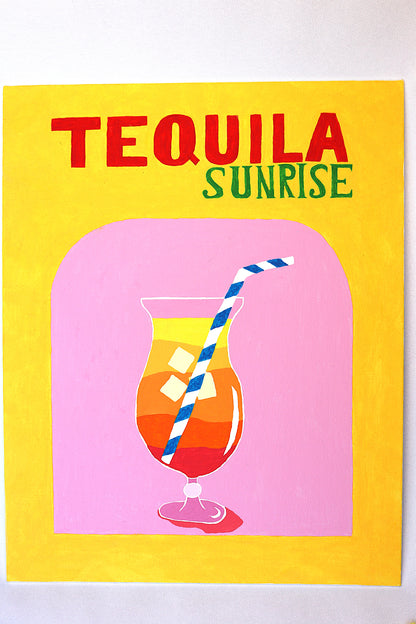 Cadre peinture de l'apéro tequilla sunrise de couleur rose et jaune fait main