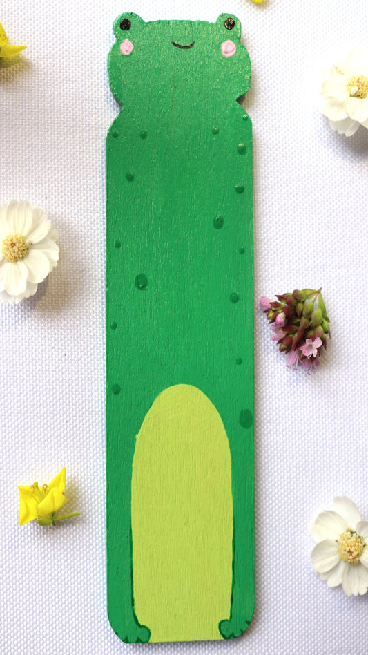 Marque page bois en forme de grenouille verte fait main