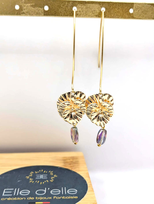 Boucle d'oreille - fleur pierre ovale irisée