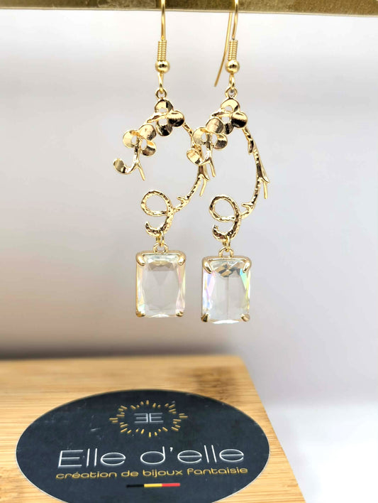 Boucle d'oreille - branche fleurie pierre transparente