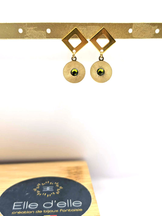 Boucle d'oreille - carré rond pierre verte